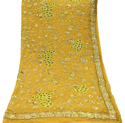 Indian Vintage Heavy Mustard Dupatta Pure Georgette Silk Long Stole Hand Embroidered Scarf Zari