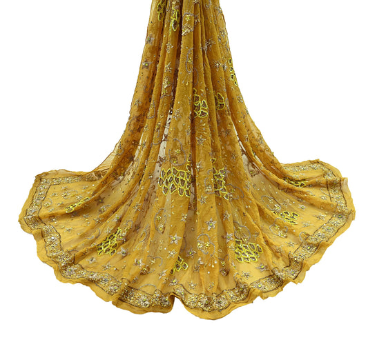 Indian Vintage Heavy Mustard Dupatta Pure Georgette Silk Long Stole Hand Embroidered Scarf Zari