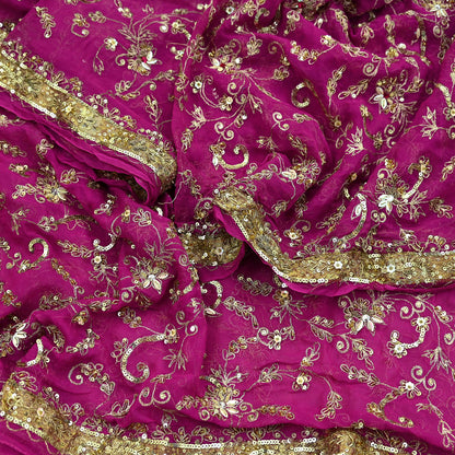 Indian Vintage Heavy Pink Dupatta Pure Georgette Silk Long Stole Hand Embroidered Scarves Scarf Zari Zardozi Bridal/Wedding Veil