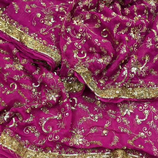 Indian Vintage Heavy Pink Dupatta Pure Georgette Silk Long Stole Hand Embroidered Scarves Scarf Zari Zardozi Bridal/Wedding Veil