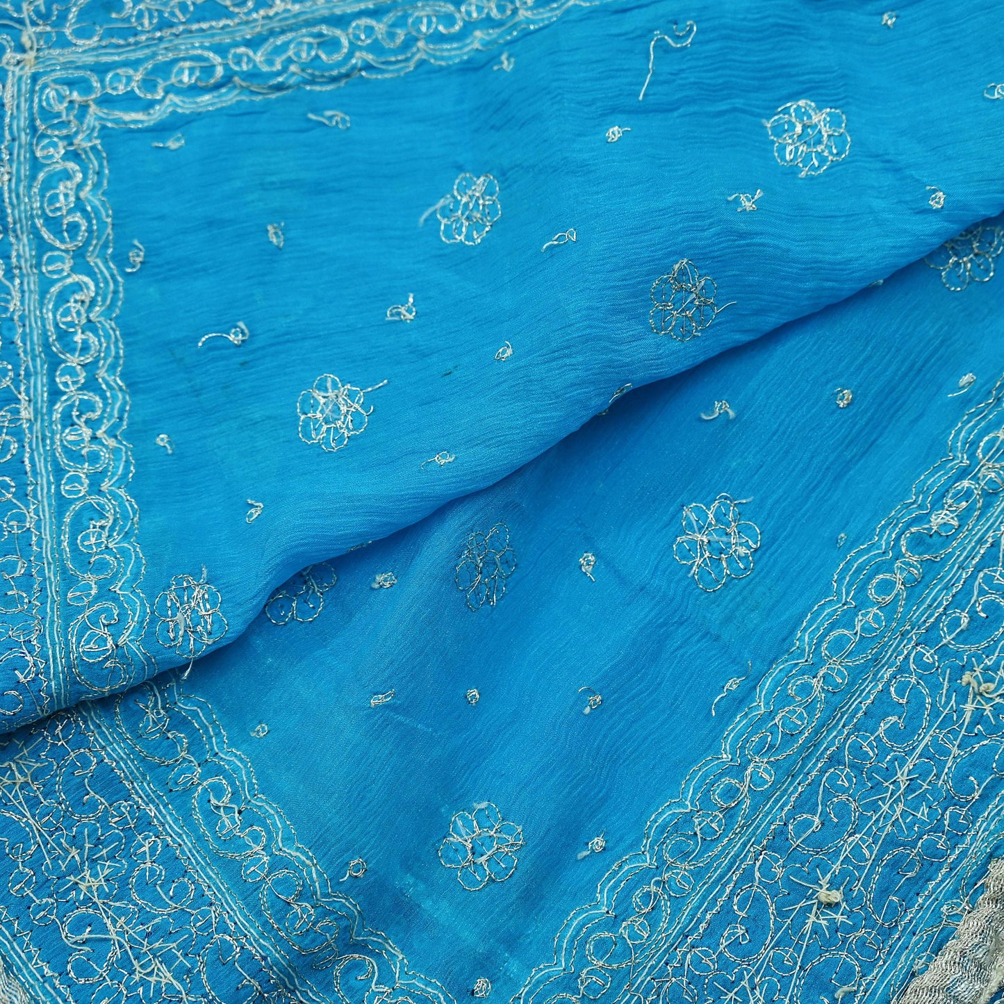Indian Vintage Heavy Blue Dupatta Pure silk Long Stole Hand Embroidered Hijab Scarves Veil Wrap Glass Beaded Velvet Patch
