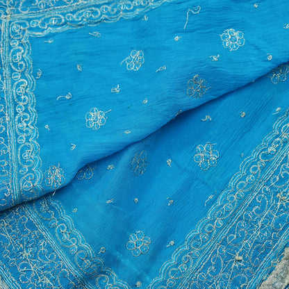 Indian Vintage Heavy Blue Dupatta Pure silk Long Stole Hand Embroidered Hijab Scarves Veil Wrap Glass Beaded Velvet Patch
