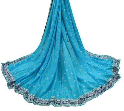 Indian Vintage Heavy Blue Dupatta Pure silk Long Stole Hand Embroidered Hijab Scarves Veil Wrap Glass Beaded Velvet Patch