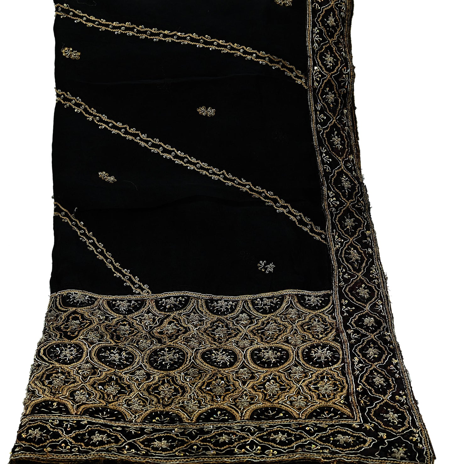 Indian Vintage Heavy Wedding Black Dupatta Pure Organza Silk Long Stole Hand Embroidered Scarves Zardozi Zari Bridal Veil Wrap Hijab