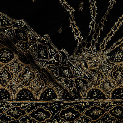 Indian Vintage Heavy Wedding Black Dupatta Pure Organza Silk Long Stole Hand Embroidered Scarves Zardozi Zari Bridal Veil Wrap Hijab