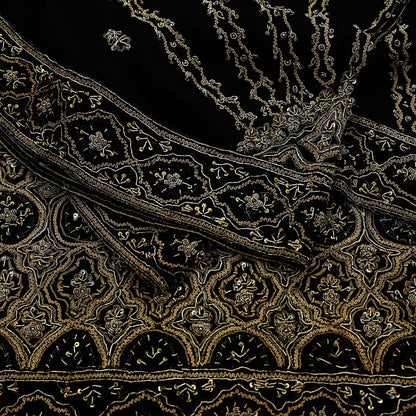 Indian Vintage Heavy Wedding Black Dupatta Pure Organza Silk Long Stole Hand Embroidered Scarves Zardozi Zari Bridal Veil Wrap Hijab