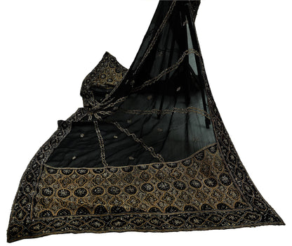 Indian Vintage Heavy Wedding Black Dupatta Pure Organza Silk Long Stole Hand Embroidered Scarves Zardozi Zari Bridal Veil Wrap Hijab