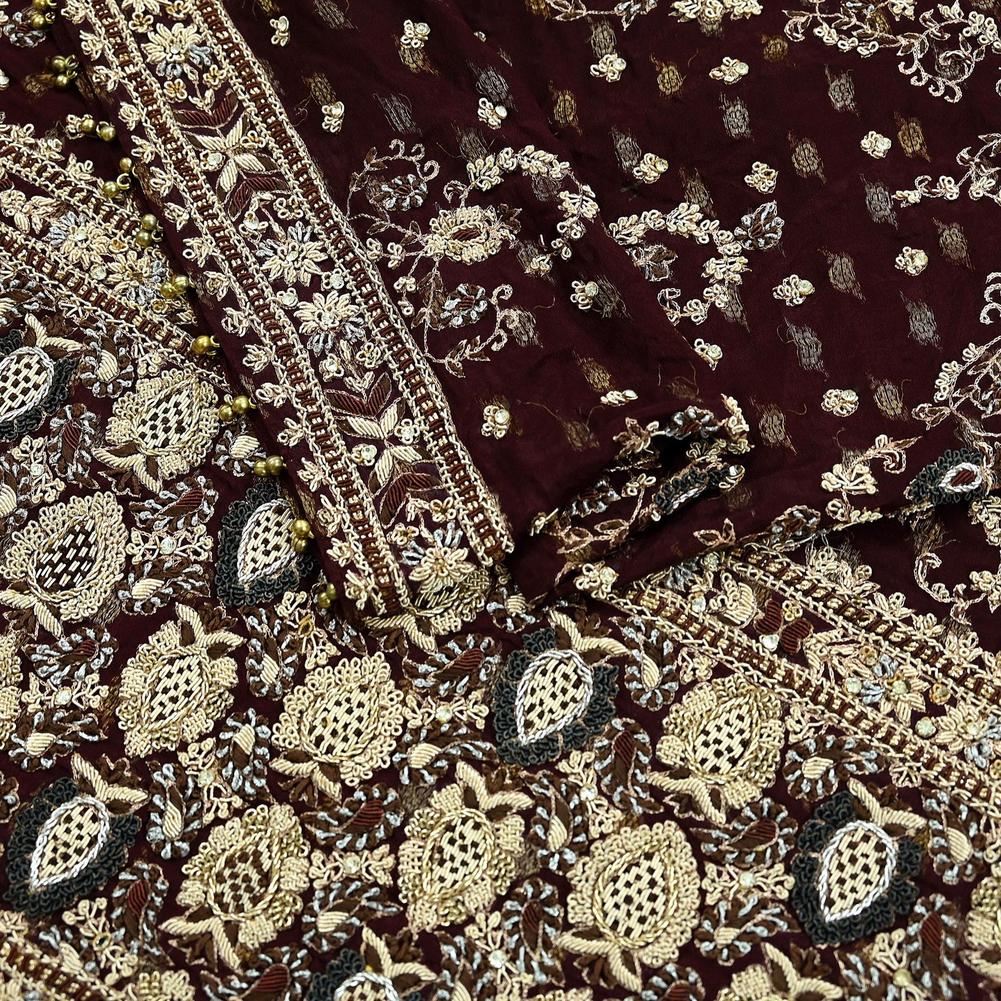 Indian Vintage Heavy Bridal Maroon Dupatta Pure Silk Long Stole Hand Embroidered Scarves Dabka Zardozi Zari Wedding Veil