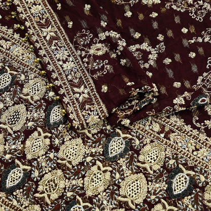 Indian Vintage Heavy Bridal Maroon Dupatta Pure Silk Long Stole Hand Embroidered Scarves Dabka Zardozi Zari Wedding Veil