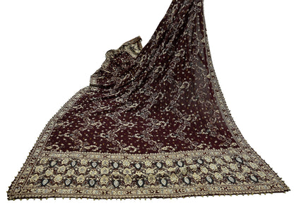 Indian Vintage Heavy Bridal Maroon Dupatta Pure Silk Long Stole Hand Embroidered Scarves Dabka Zardozi Zari Wedding Veil