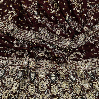 Indian Vintage Heavy Bridal Maroon Dupatta Pure Silk Long Stole Hand Embroidered Scarves Dabka Zardozi Zari Wedding Veil