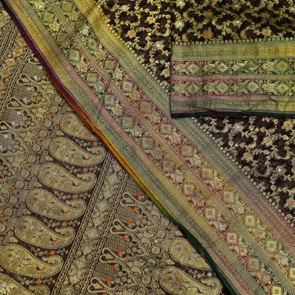 Indian Vintage Sari Heavy Coffee Brown Pure Organza Silk Woven Brocade Banarasi Sarees Zari 5Yd Ethnic Fabric Dress Making Wedding Sarees