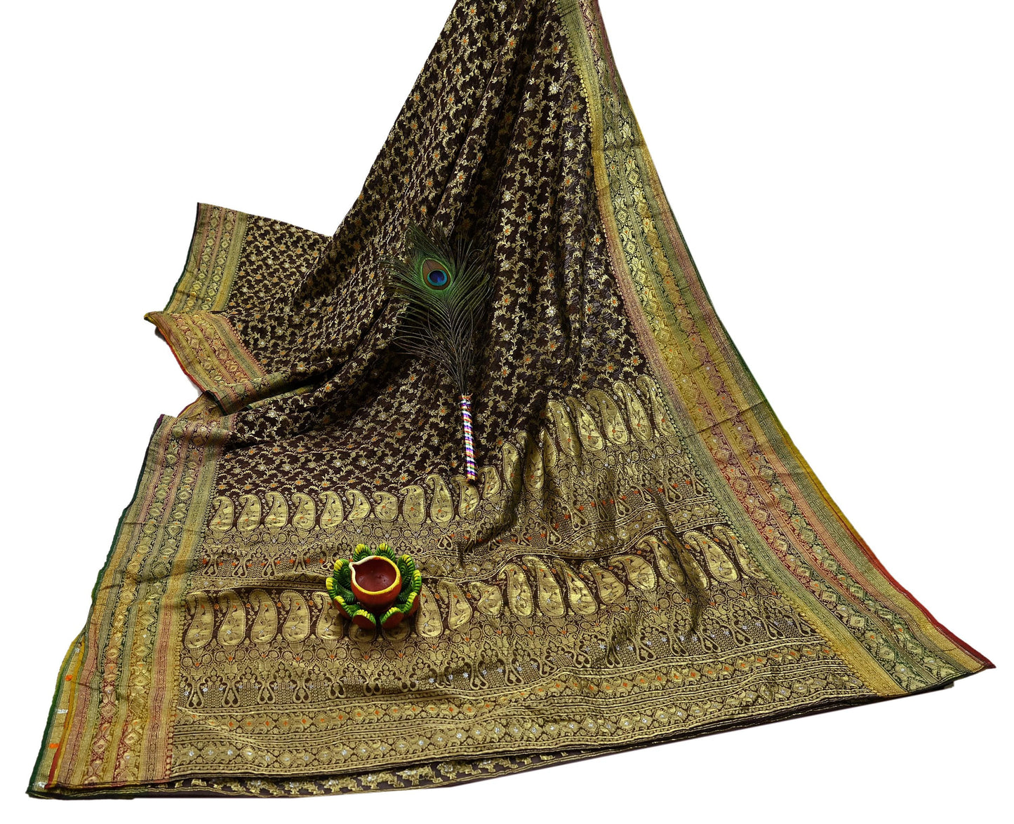 Indian Vintage Sari Heavy Coffee Brown Pure Organza Silk Woven Brocade Banarasi Sarees Zari 5Yd Ethnic Fabric Dress Making Wedding Sarees