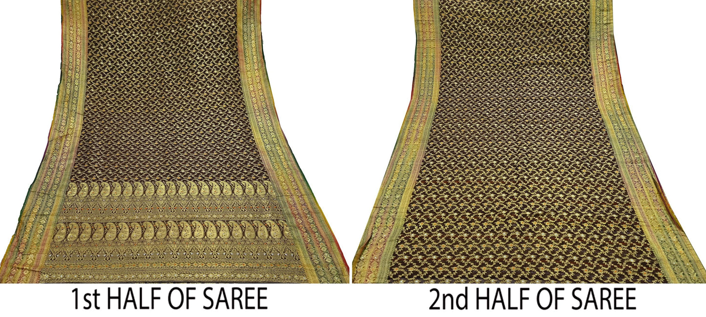 Indian Vintage Sari Heavy Coffee Brown Pure Organza Silk Woven Brocade Banarasi Sarees Zari 5Yd Ethnic Fabric Dress Making Wedding Sarees