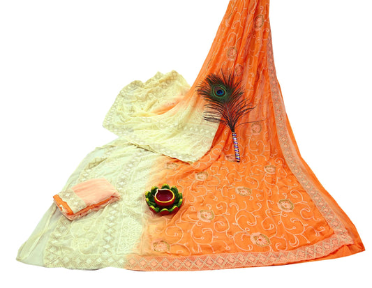 Indian Vintage Sari Ivory & Orange Pure Chiffon Silk Hand Embroidered Sarees Craft Fabric 5Yd Dress Making Sewing Zari