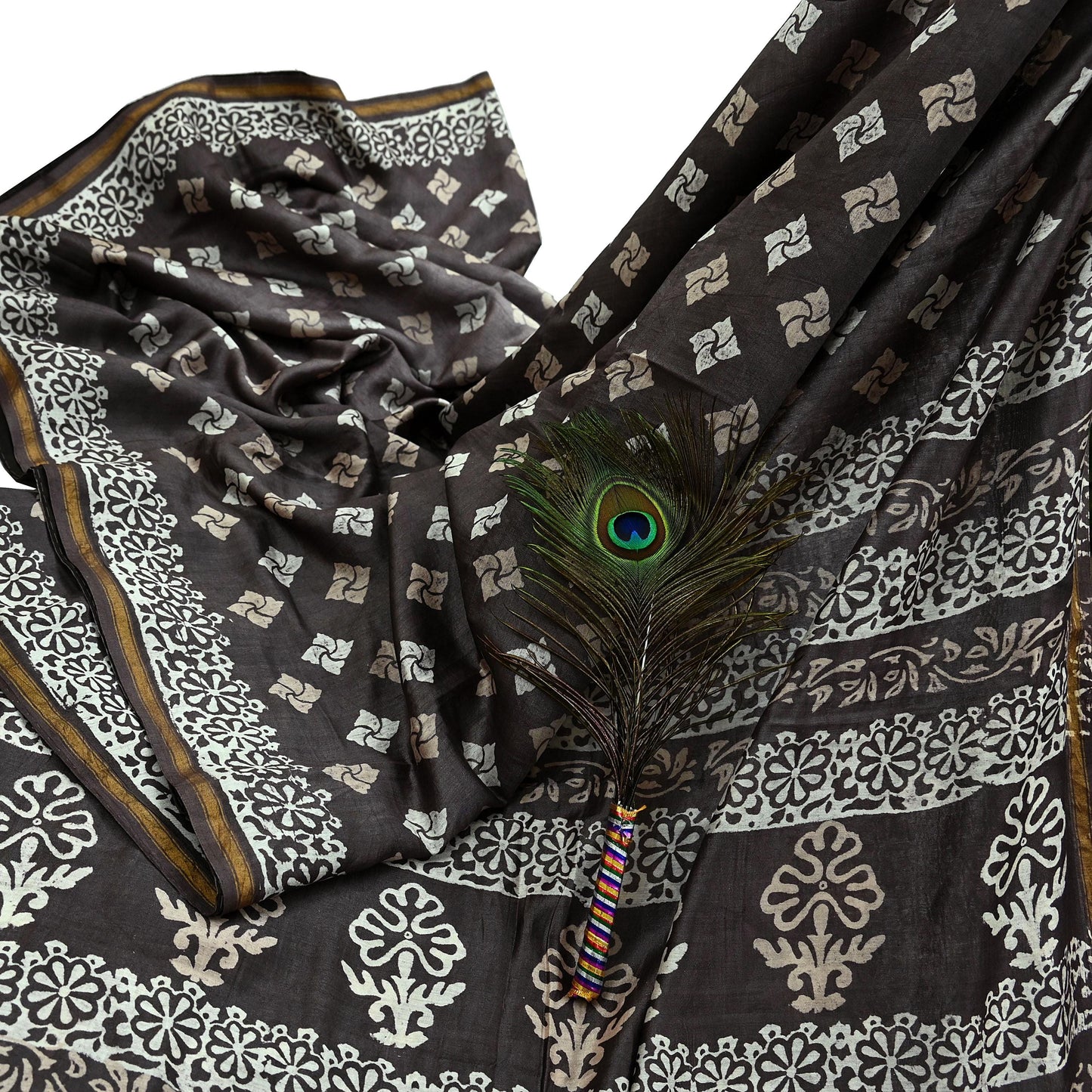 Indian Vintage Sari Brown & Ivory Pure chanderi Silk Block Printed Sarees Craft Fabric 5Yd Floral Dress making bollywood silk sarees