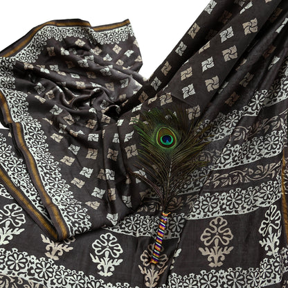 Indian Vintage Sari Brown & Ivory Pure chanderi Silk Block Printed Sarees Craft Fabric 5Yd Floral Dress making bollywood silk sarees