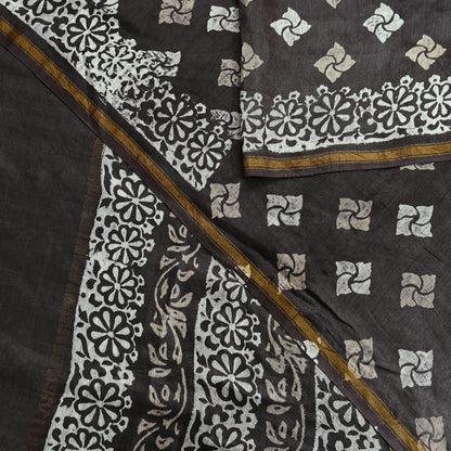 Indian Vintage Sari Brown & Ivory Pure chanderi Silk Block Printed Sarees Craft Fabric 5Yd Floral Dress making bollywood silk sarees