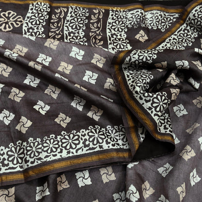 Indian Vintage Sari Brown & Ivory Pure chanderi Silk Block Printed Sarees Craft Fabric 5Yd Floral Dress making bollywood silk sarees
