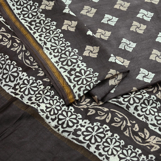 Indian Vintage Sari Brown & Ivory Pure chanderi Silk Block Printed Sarees Craft Fabric 5Yd Floral Dress making bollywood silk sarees