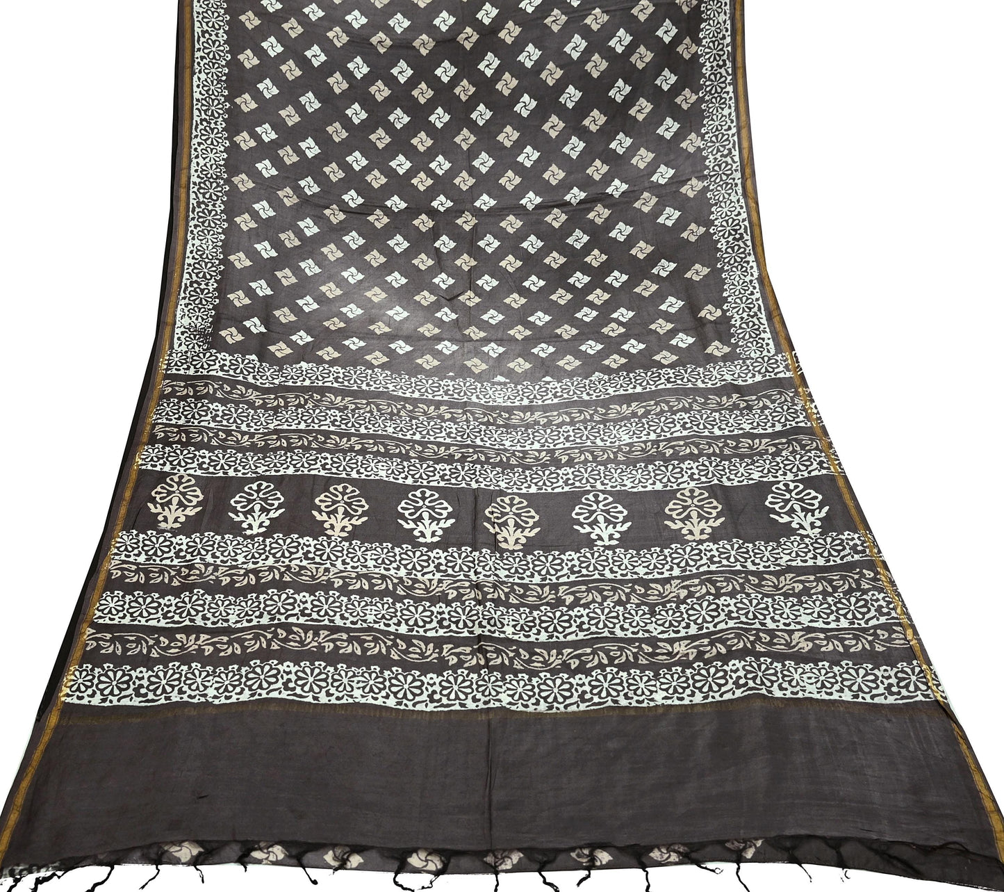 Indian Vintage Sari Brown & Ivory Pure chanderi Silk Block Printed Sarees Craft Fabric 5Yd Floral Dress making bollywood silk sarees