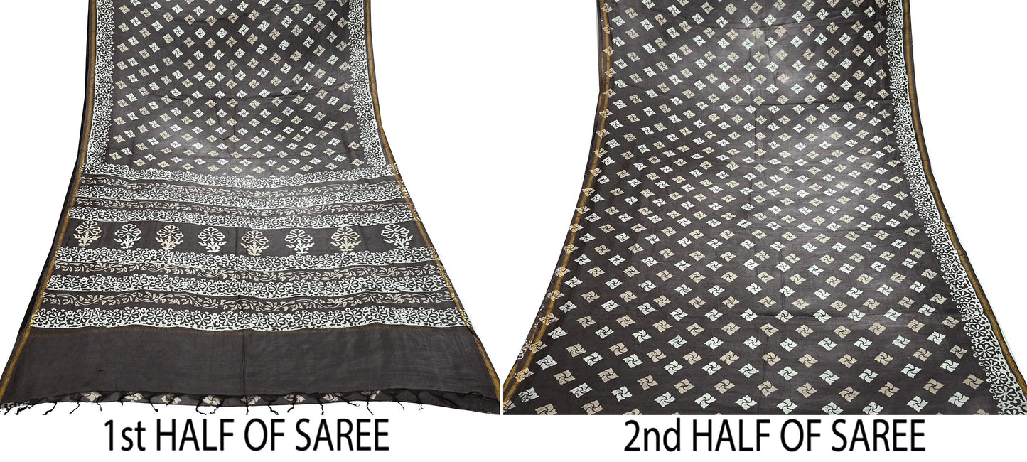 Indian Vintage Sari Brown & Ivory Pure chanderi Silk Block Printed Sarees Craft Fabric 5Yd Floral Dress making bollywood silk sarees