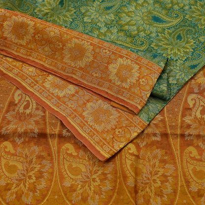 Indian Vintage Sari Orange & Green 100% Pure Silk Hand Woven Sarees Craft Fabric 5Yd Ethnic Sewing Dress making Crafting Quilting Upcycle