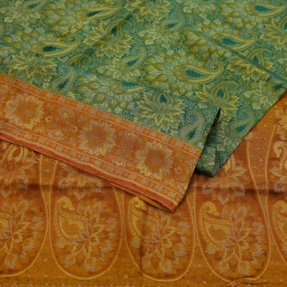 Indian Vintage Sari Orange & Green 100% Pure Silk Hand Woven Sarees Craft Fabric 5Yd Ethnic Sewing Dress making Crafting Quilting Upcycle