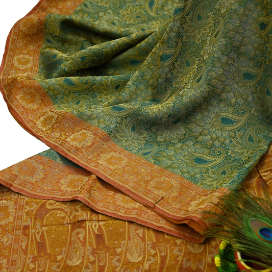 Indian Vintage Sari Orange & Green 100% Pure Silk Hand Woven Sarees Craft Fabric 5Yd Ethnic Sewing Dress making Crafting Quilting Upcycle