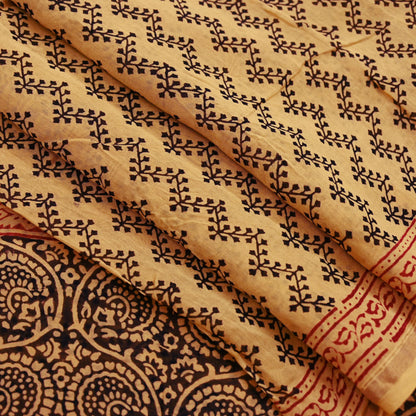 Indian Vintage Sari Saffron Pure chanderi Silk Block Printed Sarees Craft Fabric 5Yd Zari Border Floral Dress making bollywood silk sarees