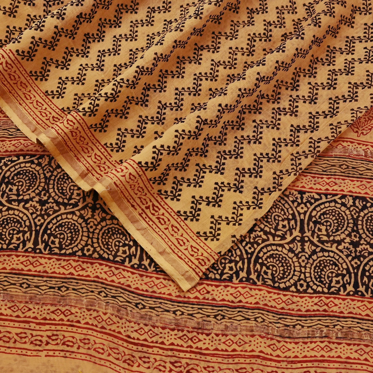 Indian Vintage Sari Saffron Pure chanderi Silk Block Printed Sarees Craft Fabric 5Yd Zari Border Floral Dress making bollywood silk sarees