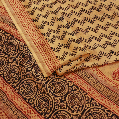 Indian Vintage Sari Saffron Pure chanderi Silk Block Printed Sarees Craft Fabric 5Yd Zari Border Floral Dress making bollywood silk sarees