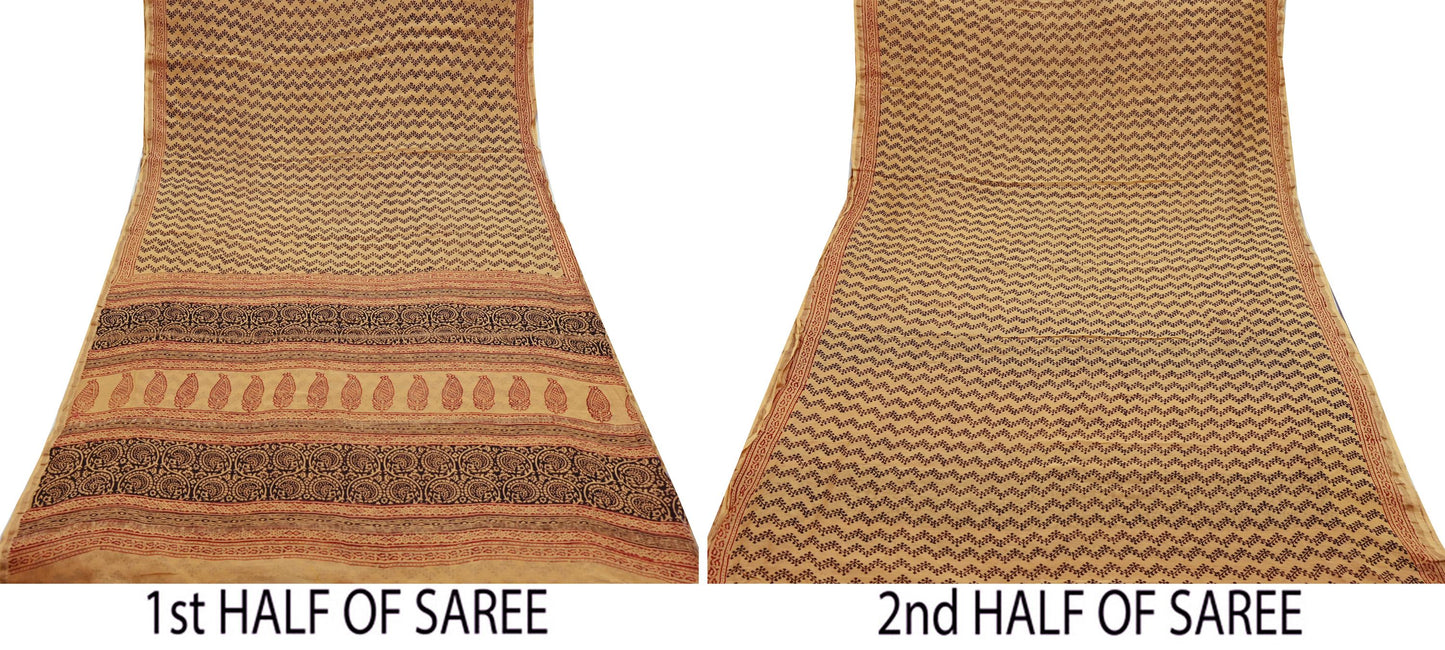 Indian Vintage Sari Saffron Pure chanderi Silk Block Printed Sarees Craft Fabric 5Yd Zari Border Floral Dress making bollywood silk sarees