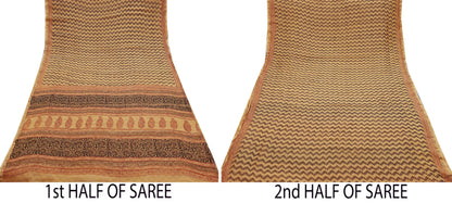 Indian Vintage Sari Saffron Pure chanderi Silk Block Printed Sarees Craft Fabric 5Yd Zari Border Floral Dress making bollywood silk sarees