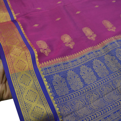 Vintage Sari Purple & Pink Hand Woven Kanjivaram Artificial Silk Sarees Zari 6Yd Floral Craft Fabric Dress making Crafting Quilting