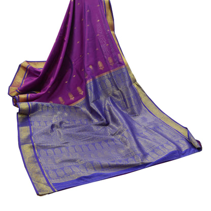 Vintage Sari Purple & Pink Hand Woven Kanjivaram Artificial Silk Sarees Zari 6Yd Floral Craft Fabric Dress making Crafting Quilting