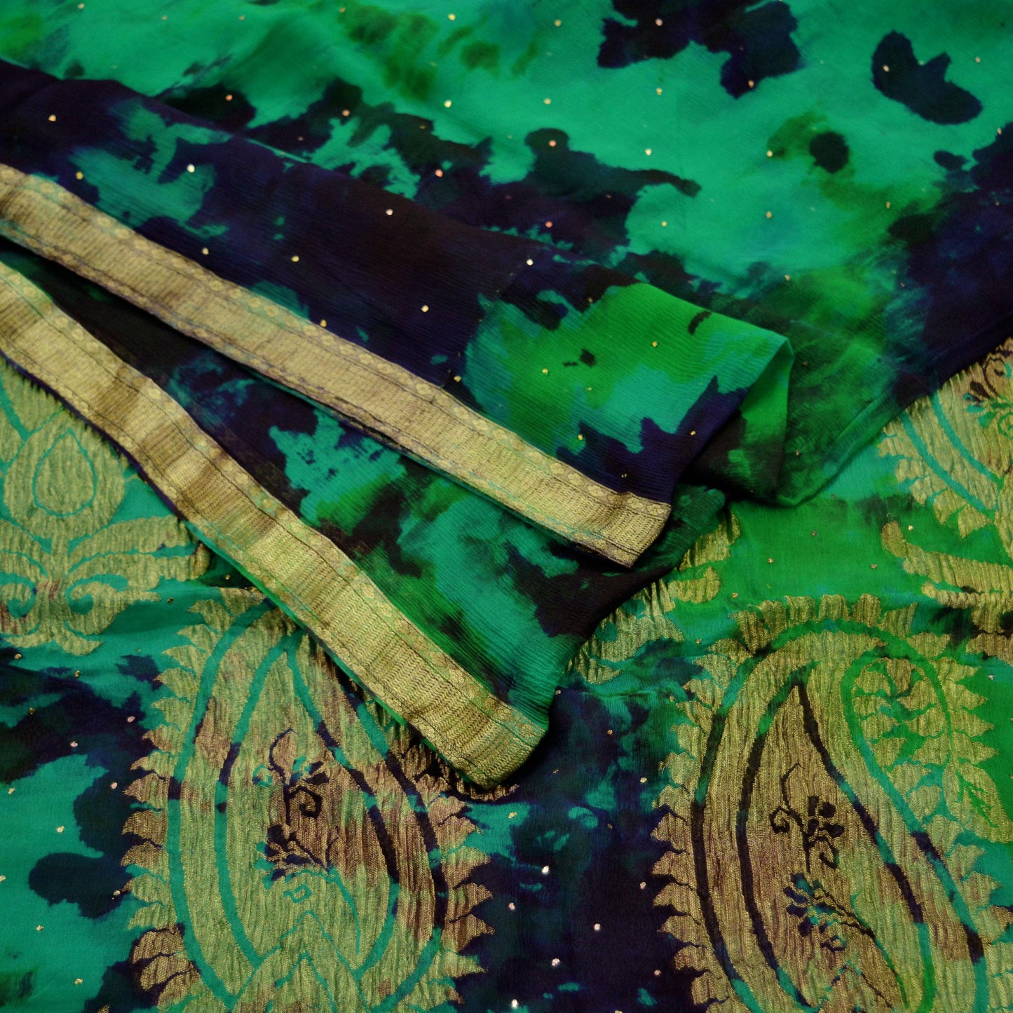 Indian Vintage Sari Brown & Green Pure Chiffon Silk Hand Woven Tie Dye Mukesh Zari Sarees 5Yd Craft Fabric Ethnic Upcycle Quilting