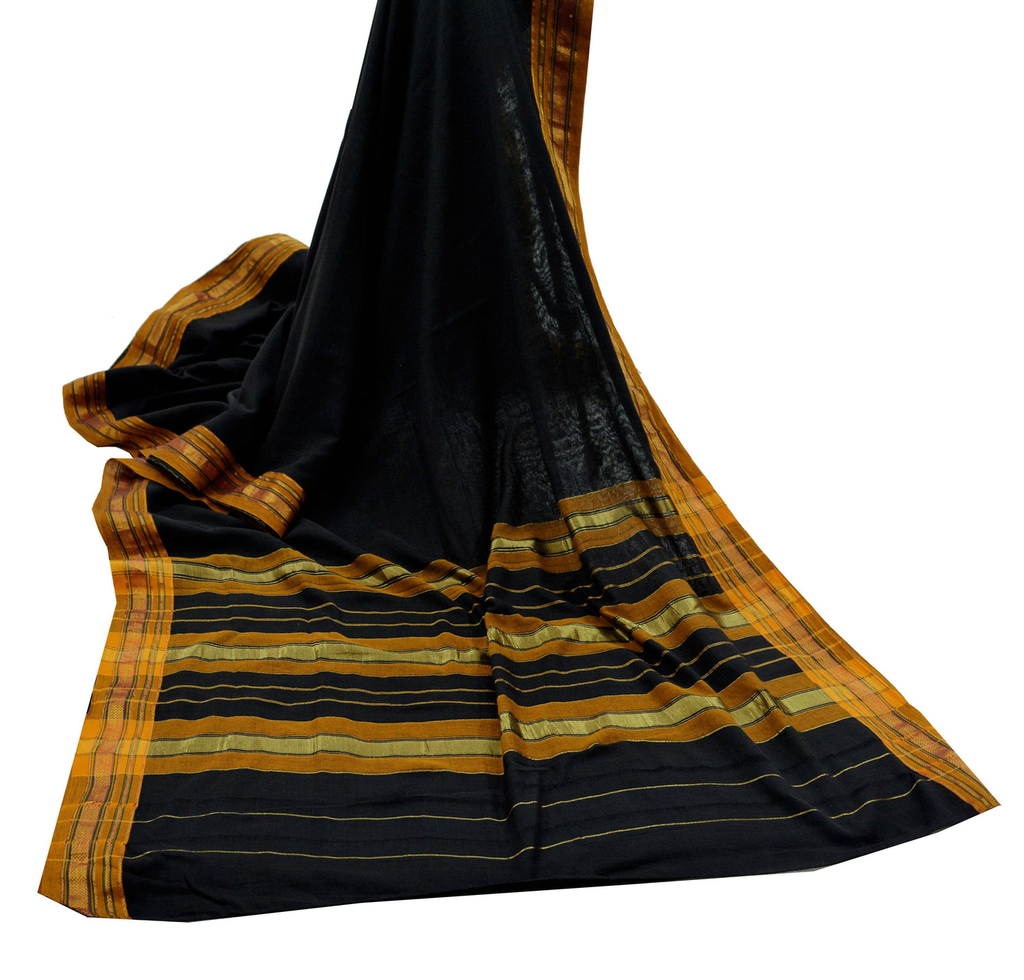 Indian Vintage Sari Black Pure Cotton Hand Woven Sarees 6yd Craft Fabric Ethnic Soft Sewing Zari Dress making Quitting Crafting Upcycle