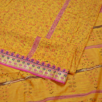 Indian Vintage Sari Yellow Mysore Silk Woven Painted Sarees Fabric 5Yd Ethnic Dress Making Crafting Upcycle Quilting Zari Border