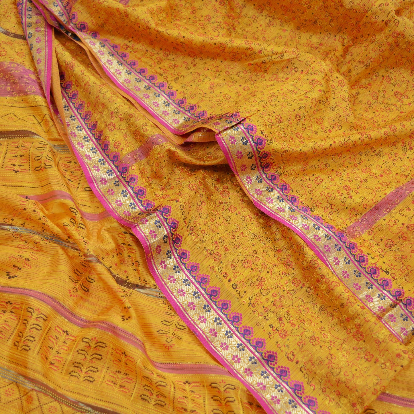 Indian Vintage Sari Yellow Mysore Silk Woven Painted Sarees Fabric 5Yd Ethnic Dress Making Crafting Upcycle Quilting Zari Border