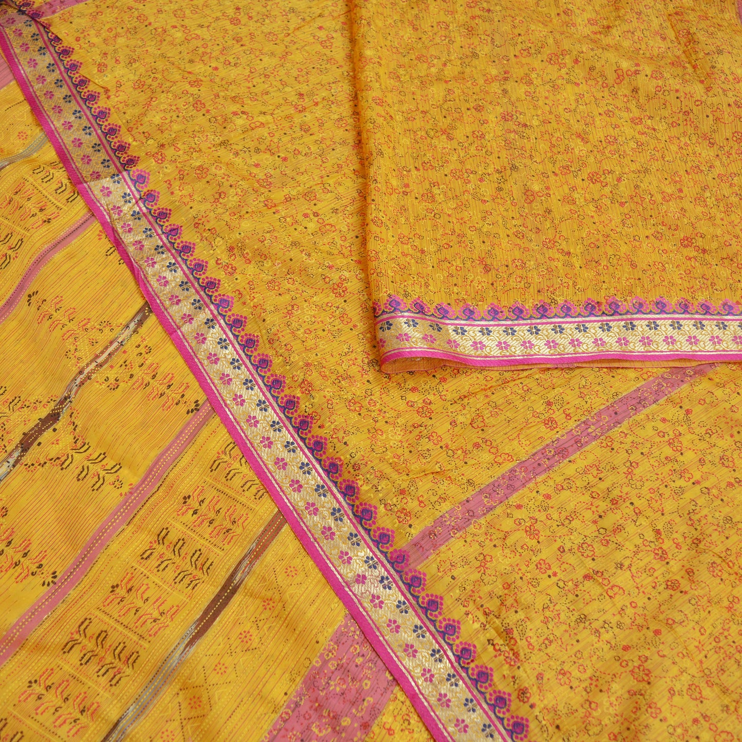 Indian Vintage Sari Yellow Mysore Silk Woven Painted Sarees Fabric 5Yd Ethnic Dress Making Crafting Upcycle Quilting Zari Border