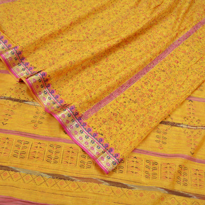 Indian Vintage Sari Yellow Mysore Silk Woven Painted Sarees Fabric 5Yd Ethnic Dress Making Crafting Upcycle Quilting Zari Border