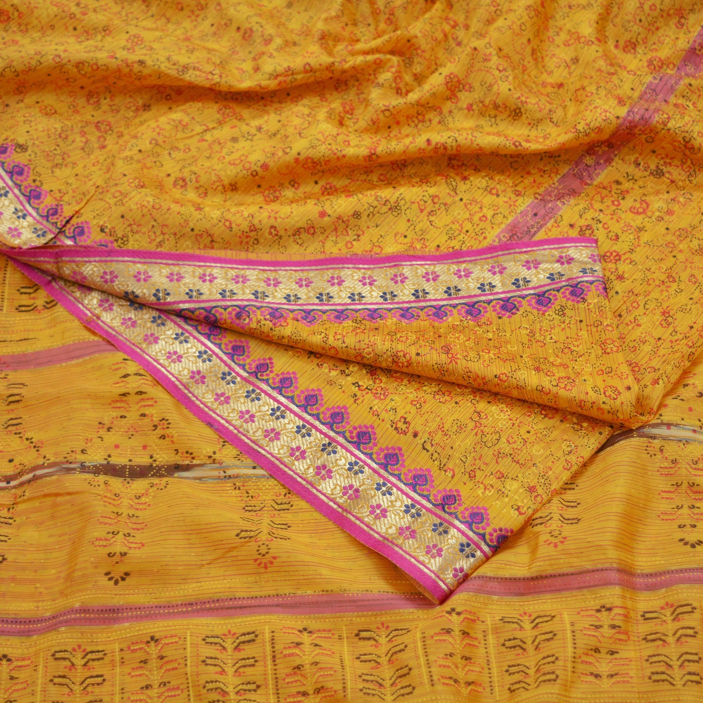 Indian Vintage Sari Yellow Mysore Silk Woven Painted Sarees Fabric 5Yd Ethnic Dress Making Crafting Upcycle Quilting Zari Border