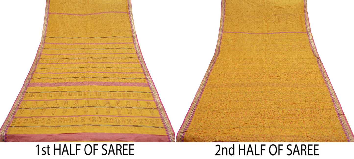 Indian Vintage Sari Yellow Mysore Silk Woven Painted Sarees Fabric 5Yd Ethnic Dress Making Crafting Upcycle Quilting Zari Border