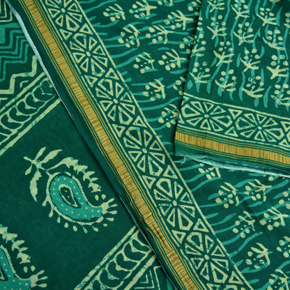 Indian Vintage Sari Green Pure Cotton Hand Bagru Printed Sarees 5Yd Craft Fabric Soft Sewing Sarong Dress Making Quilting Crafting