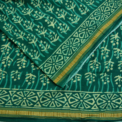 Indian Vintage Sari Green Pure Cotton Hand Bagru Printed Sarees 5Yd Craft Fabric Soft Sewing Sarong Dress Making Quilting Crafting