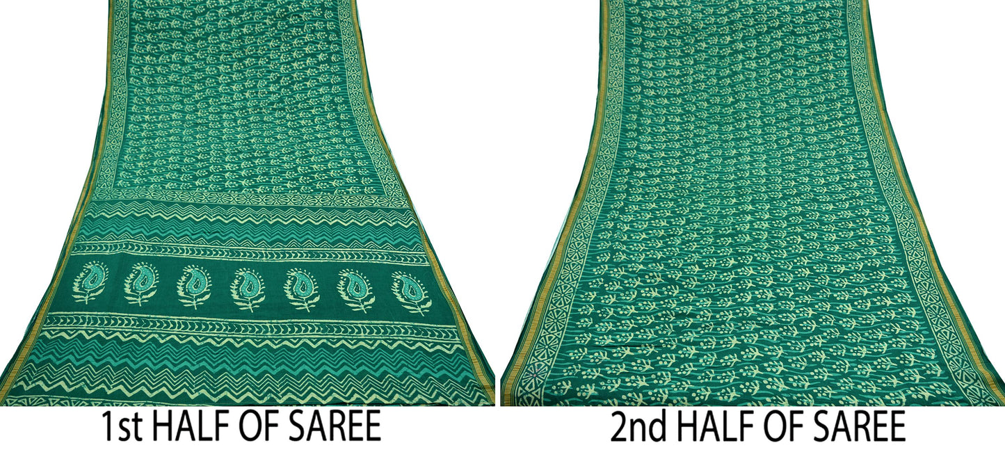 Indian Vintage Sari Green Pure Cotton Hand Bagru Printed Sarees 5Yd Craft Fabric Soft Sewing Sarong Dress Making Quilting Crafting