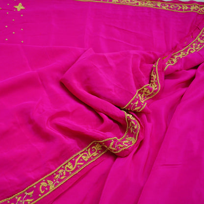 Indian Vintage Rani Pink Saree Pure Crepe Silk Hand Embroidered Sari Craft Fabric 5Yd Sewing Soft Zardozi/Dabka Dress making With Blouse Pcs