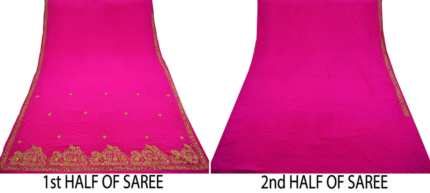 Indian Vintage Rani Pink Saree Pure Crepe Silk Hand Embroidered Sari Craft Fabric 5Yd Sewing Soft Zardozi/Dabka Dress making With Blouse Pcs