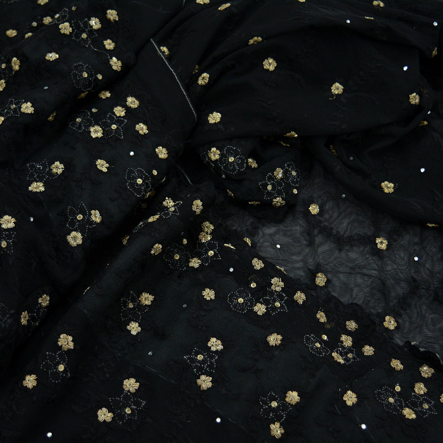 Indian Vintage Sari Black Net/Mesh Hand Embroidered Sarees Craft Fabric 5Yd Sewing Soft Sequins Zardozi/Dabka,Zari With Blouse